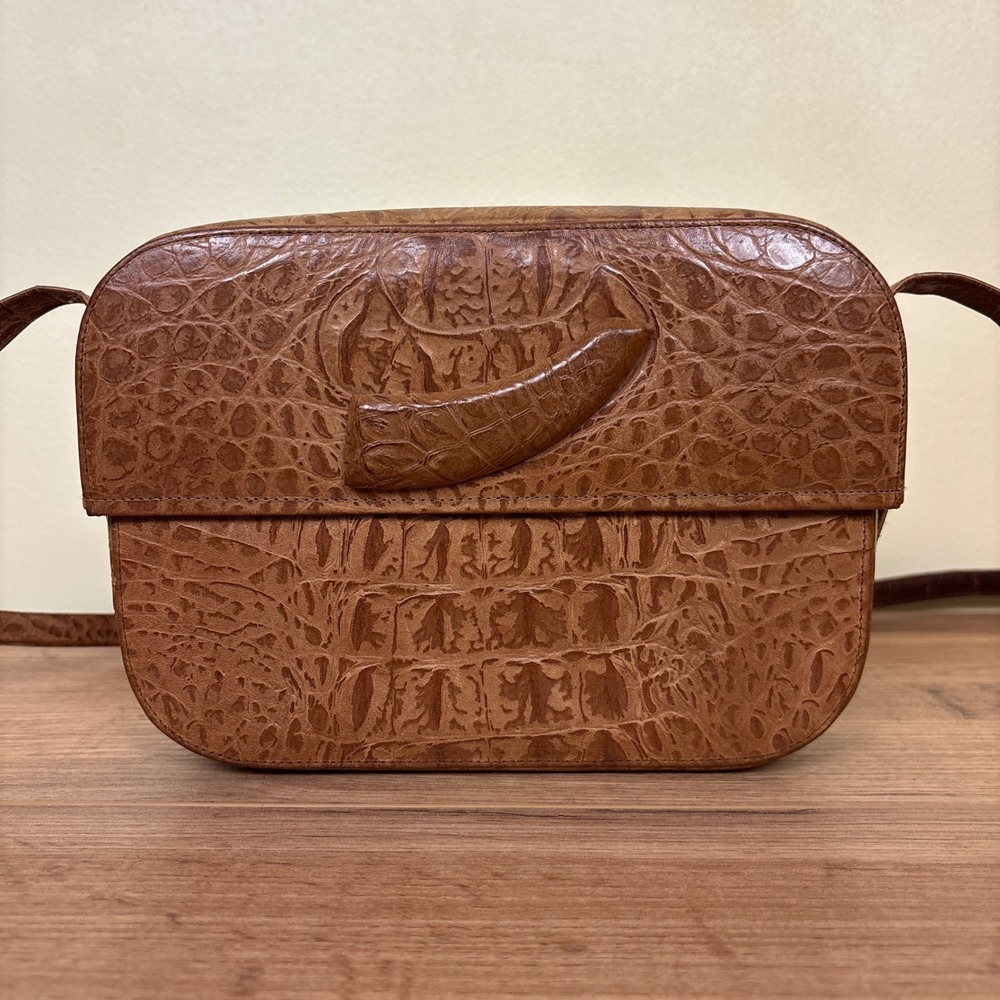 BARBARA BOLAN TOO 1980s Vintage Crocodile Sling Bag Cognac Brown Women Small - Picture 4 of 12